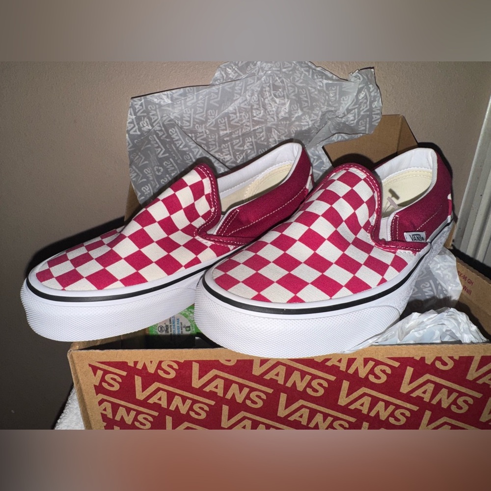 Vans Burgundy and White Checkered Slip-Ons